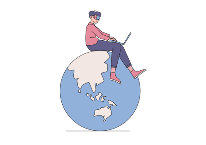 Build illustration showing a person working on a laptop while sitting on a globe